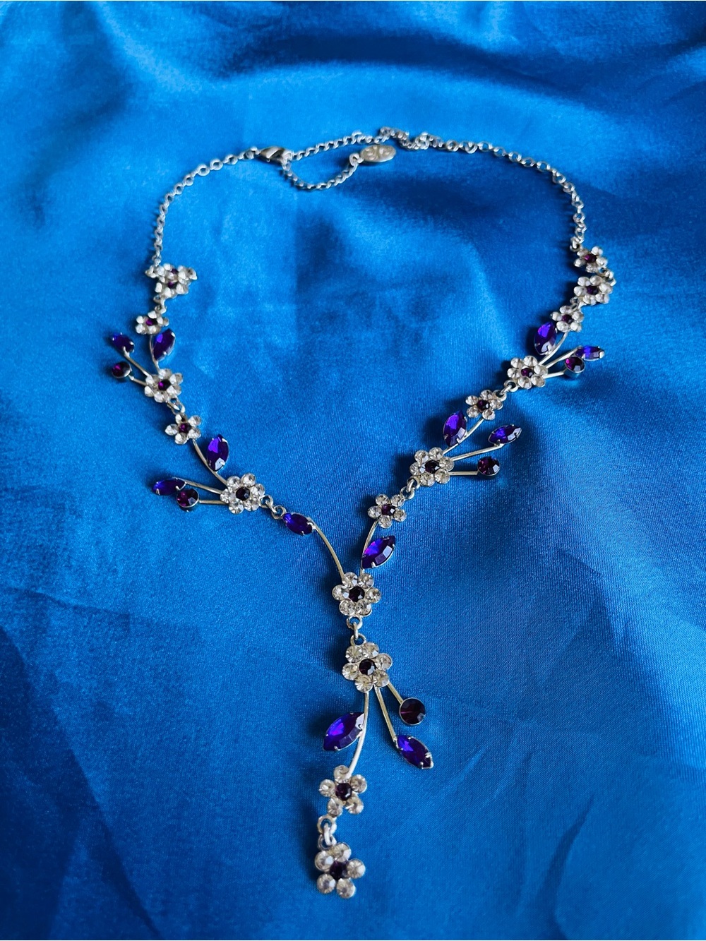 Silver Tone Floral Necklace with Deep Purple Crystal Accents - Women Jewelry